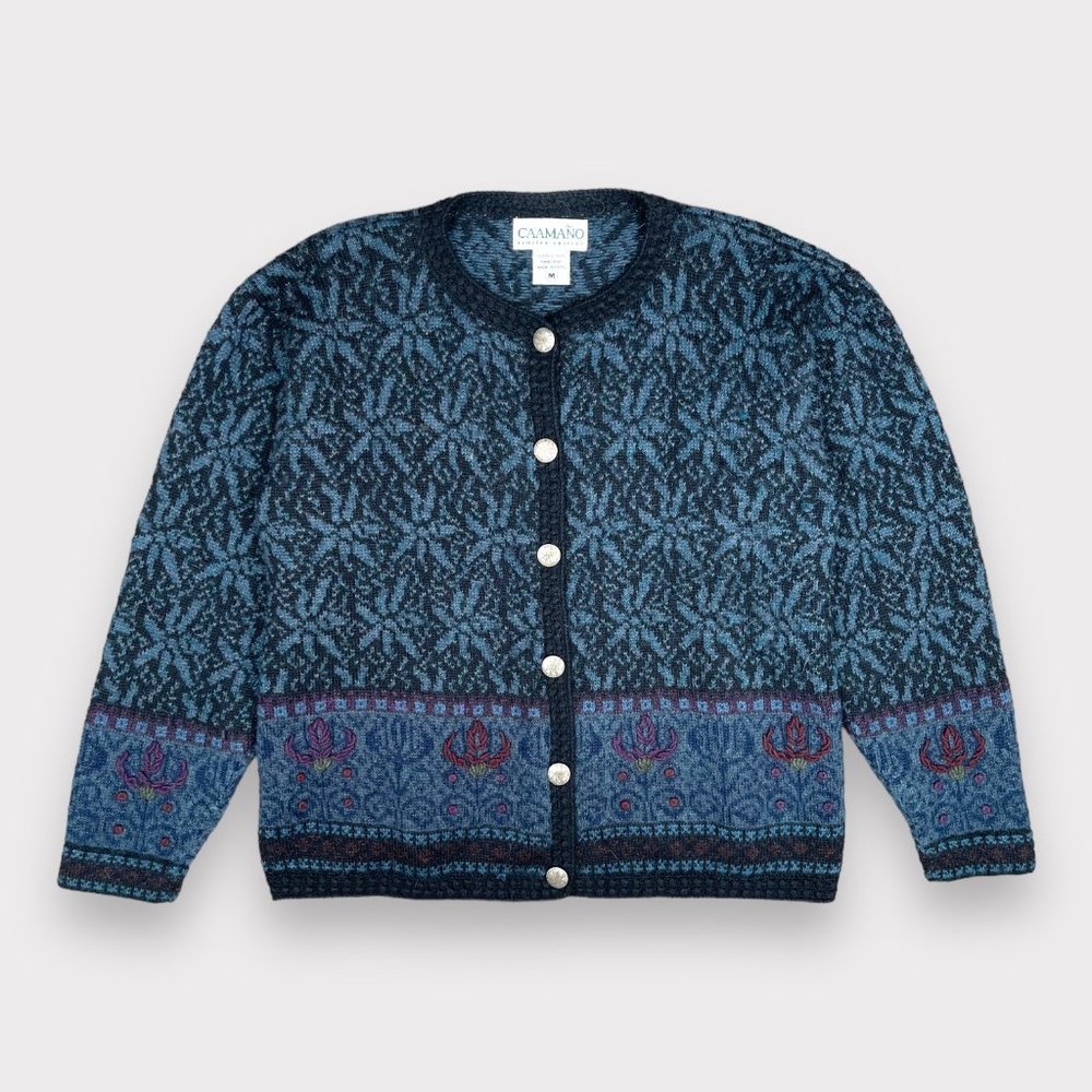 Caamano Alpaca Hand Knit Cardigan Floral Blue Embroidered Limited Sweater Size M